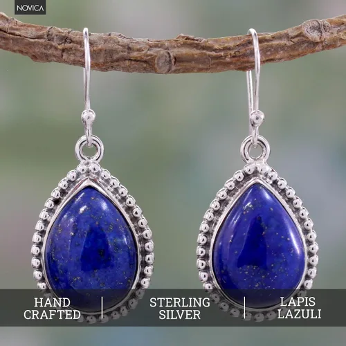 Vista 2 de NOVICA Aretes artesanales de lapislázuli de plata de ley Colgante de lágrima Esnórquel real Gancho de alambre francés Piedra natal azul Acabado