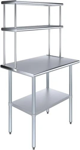 Vista 9 de Mesa de trabajo de acero inoxidable resistente aprobada por la NSF con estante inferior ajustable para cocinas, cuartos de servicio, almacenamiento