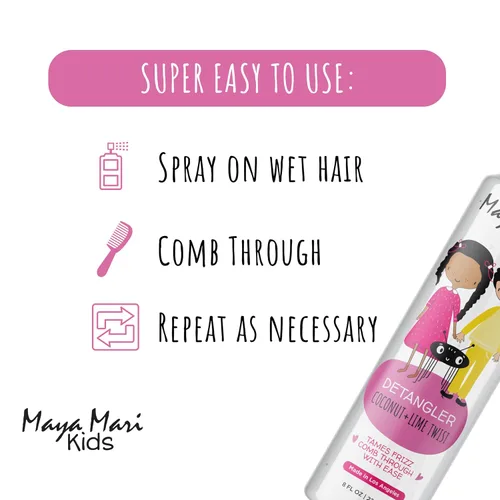 Vista 5 de MAYA MARI Spray desenredante de cabello para bebés, niños pequeños, niños y niñas, aceites de argán y coco, sin desgarros, coco y lima, 8 onzas