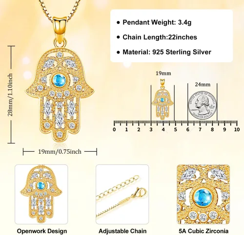 Vista 81 de Aniu Joyería de plata de ley 925 Hamsa de Fátima para mujer con circonita cúbica, viene con caja de regalo negra