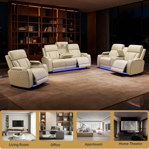 Vista 7 de Juegos de muebles de sala de estar, sofá modular reclinable eléctrico con luces LED, juego de sofá de cuero, sofá reclinable para sala de estar