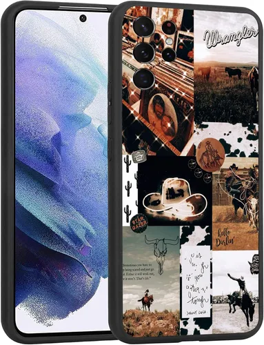 Vista 5 de Funda compatible con Samsung Galaxy S22, funda protectora de TPU suave a prueba de golpes de piel de vaca occidental turquesa y marrón con estampado