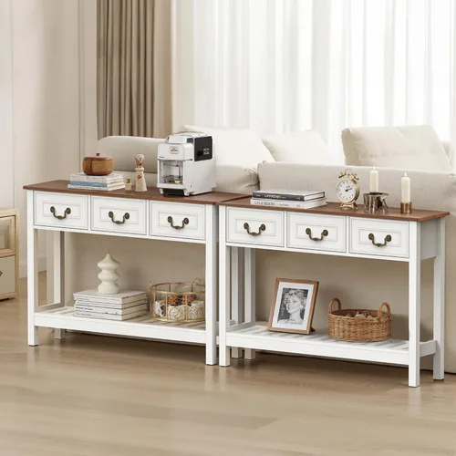 Vista 7 de Mesa consola estrecha con 3 cajones, mesa de entrada con estantes de almacenamiento, mesa de sofá detrás del sofá, mesa de sofá de madera para sala