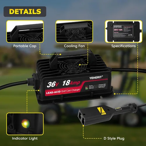 Vista 6 de Cargador de batería de 36 V 18 A compatible con carritos de golf EZGO TXT con enchufe estilo D, carga rápida inteligente para baterías de plomo