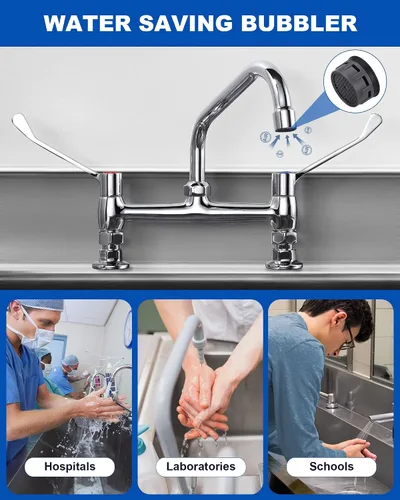 Vista 6 de Manijas de Palanca de Muñeca para Grifo de Fregadero Comercial: Grifo Médico con Caño Giratorio de 8", Montaje en Cubierta Central de 8" Acción