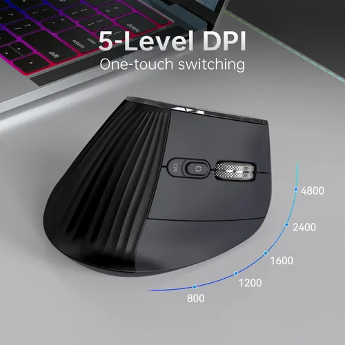 Vista 4 de Ratón vertical ergonómico inalámbrico, Bluetooth con desplazamiento ultrarrápido de 4800 DPI recargable, ratón óptico RGB de 2.4G con clics