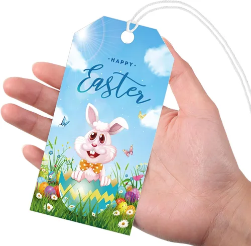 Vista 3 de Outus 60 etiquetas de regalo de Pascua con cuerda, etiquetas de conejo azul, etiquetas colgantes para festival de huevos de primavera, etiquetas
