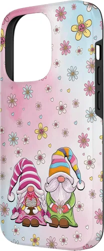 Vista 2 de Funda para iPhone 14 Pro Hello Spring con diseño de gnomos florales de margaritas y flores de Pascua