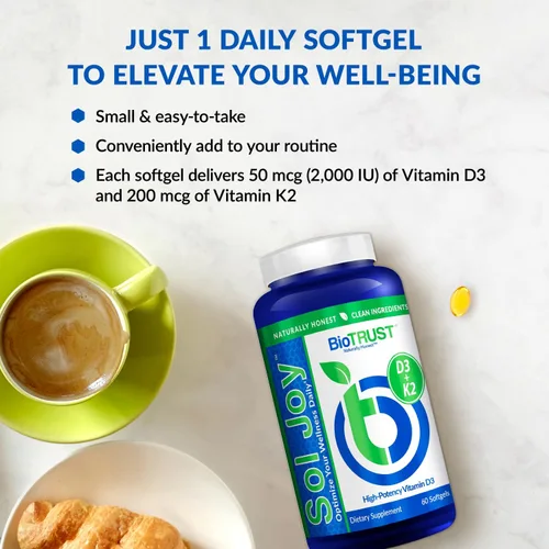 Vista 6 de BioTrust Sol Joy, Vitamina D3 K2 de alta potencia - Alta potencia (50 mcg)