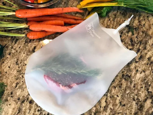 Vista 5 de Bolsas reutilizables Sous Vide, juego de 2 bolsas sin BPA para cocinar al vacío, 100% silicona de platino LFGB pura sin rellenos, compatible