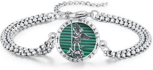 Vista 26 de Pulsera unisex de San Miguel/Cristóbal/Benedicto/Jude/José/Guadalupe/Ángel de la Guarda/Santa Muerte Pulsera de plata de ley 925 con cadena de doble