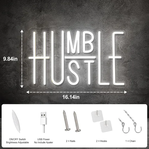 Vista 3 de Hustle - Letrero LED de neón para decoración de pared, luces LED de neón con palabras, decoración de fiestas, interruptor alimentado por USB, brillo