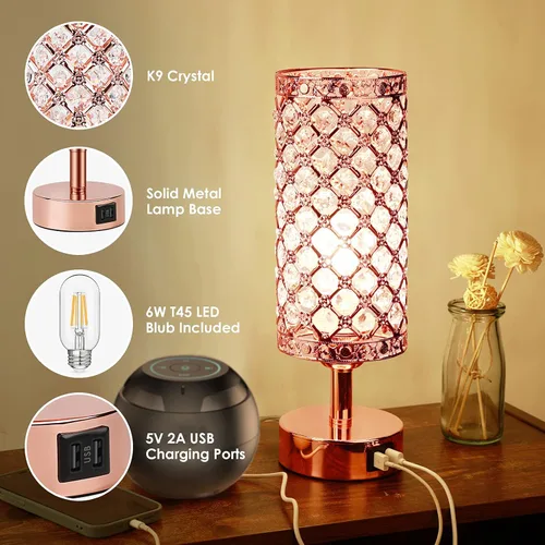 Vista 3 de Lámpara de mesa de cristal con control táctil, regulable de 3 vías, lámpara decorativa para mesita de noche con 2 puertos de carga USB, pequeña luz