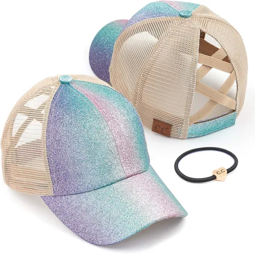 Vista 44 de C.C Gorra de béisbol de malla con diseño de estrella brillante, gorra de camionero ajustable para moño o cola de caballo Una banda elástica-negro