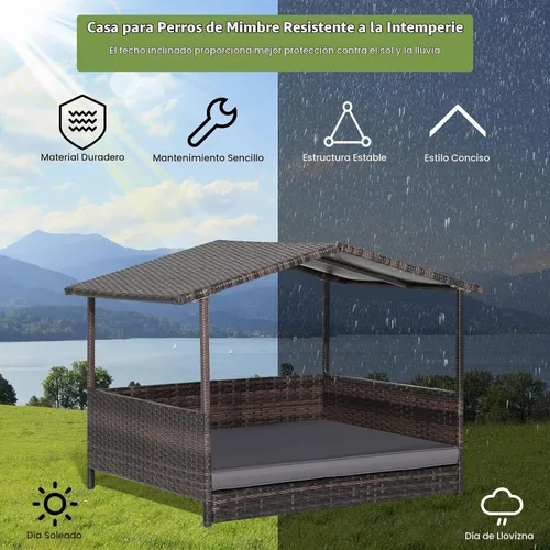 Vista 9 de Tangkula Casa de mimbre para perros, cama elevada de ratán para interiores y exteriores con cojín extraíble, funda lavable, techo impermeable