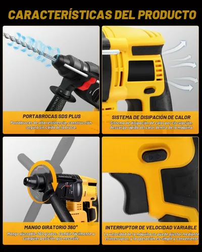 Vista 5 de Taladro de martillo SDS inalámbrico para batería Dewalt 20V MAX, taladro de martillo giratorio sin escobillas con embrague de seguridad