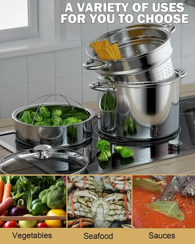 Vista 2 de Cook N Home 02401 Ollas multiuso de acero inoxidable con fondo encapsulado de 4 cuatro piezas, 8 cuartos de galón Steamer Basket, Pasta Strainer