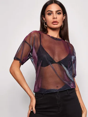 Vista 4 de Floerns Blusa de manga corta para mujer con malla transparente