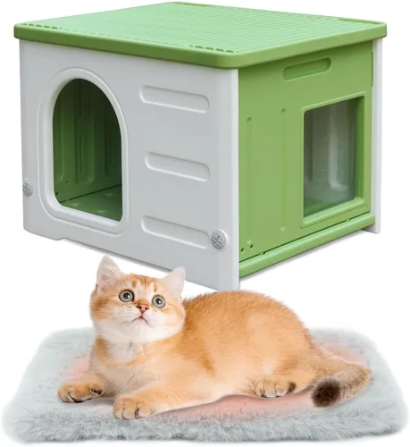 Vista 9 de Casa de plástico para gatos al aire libre e interior, casas impermeables para gatos con puerta de escape, casa resistente para gatos al aire libre