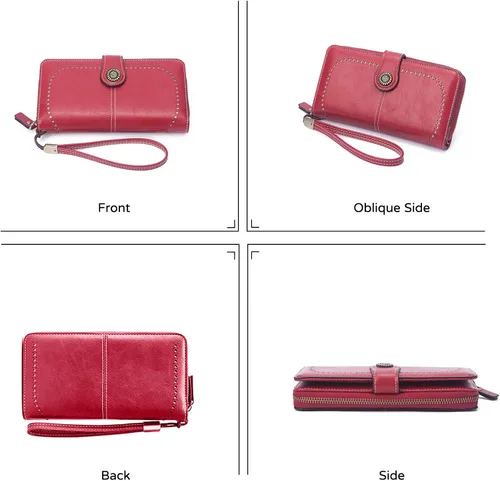 Vista 6 de PORRASSO Cartera de mujer Bolso de cuero con tarjetero para teléfono celular con correa para la muñeca, Negro -, Classic