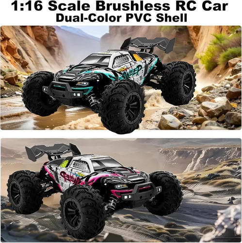 Vista 6 de Auto RC sin escobillas a escala 1:16 para adultos, alta velocidad de 45+ MPH, camión RC 4WD impermeable todo terreno con 2 baterías y controlador