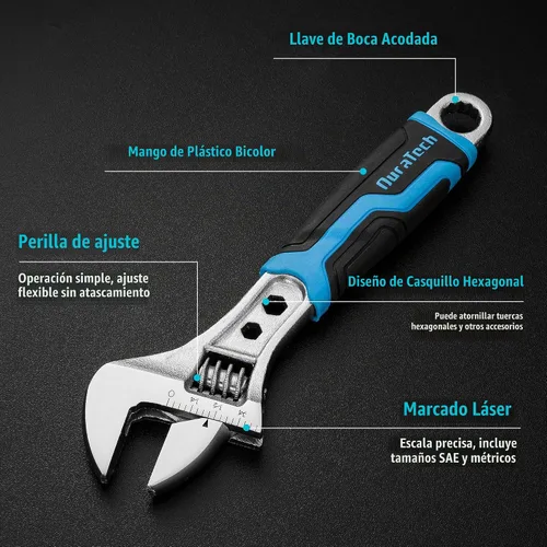 Vista 2 de DURATECH Llave ajustable de 6 pulgadas, llave 3 en 1 Extremo de caja, función hexagonal, acero CR-V, básculas métricas y SAE, cromado, agarre
