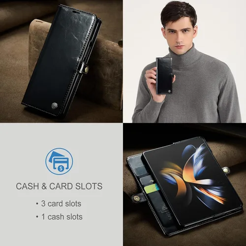 Vista 6 de Kowauri Funda para Samsung Galaxy Z Fold 4 5G, piel sintética, tipo cartera, con tarjetero y función atril, cierre magnético, protección a prueba