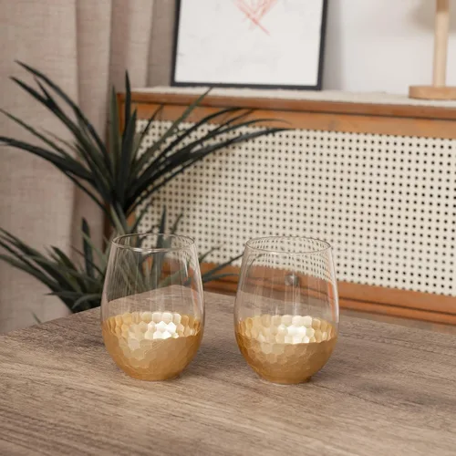 Vista 2 de Copas de vino sin tallo, juego de 2, 18 onzas, diseño de panal dorado