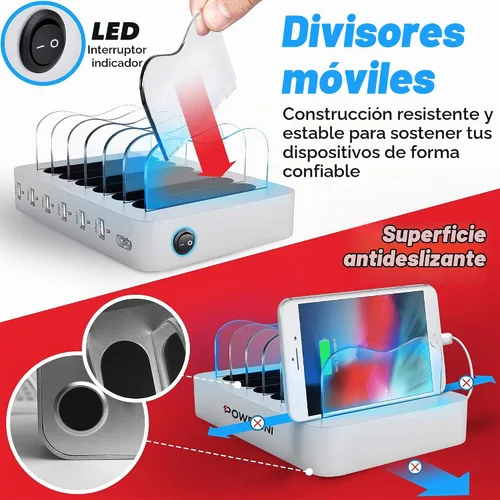 Vista 3 de Base de carga USB, estación de carga universal de 6 puertos para múltiples dispositivos, estación de carga para múltiples dispositivos, compatible