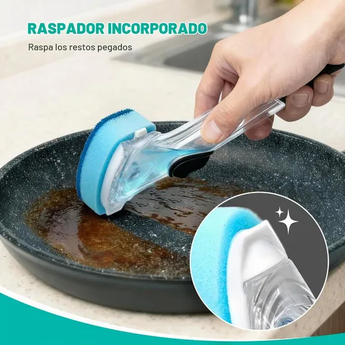 Vista 3 de Varita para platos con asa, 4 cabezales de esponja de repuesto antiarañazos Azul