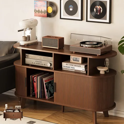Vista 10 de Soporte para tocadiscos, mueble moderno de mediados de siglo con puertas correderas, gabinete de estantería de audio-video, soporte de medios