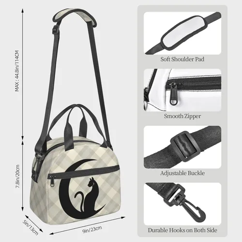 Vista 3 de Bolsa de almuerzo con diseño de gato negro a cuadros, reutilizable, aislada, bolsa de almuerzo con correa de hombro ajustable para oficina, trabajo