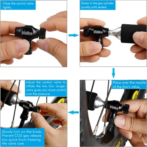 Vista 6 de Kits de Inflador CO2 BriskMore con Cartuchos de CO2 de 9X16g o 5 X 16g, Compatible con Válvulas Presta y Schrader, Bomba de CO2 para Neumáticos