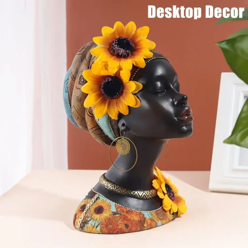 Vista 5 de Estatua de busto de arte africano, decoración del hogar, figuras de niña de girasol africano, decoración del hogar, escultura de busto afroamericana