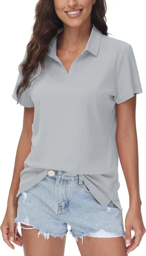 Vista 5 de TACVASEN Polo de manga corta con cuello en V para mujer, con protección solar UPF 50+, secado rápido, para golf