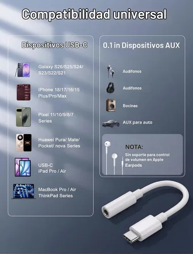Vista 4 de Adaptador de auriculares de audio USB-C a 0.138 in – HiFi 2 unidades compatibles con Apple iPhone 17 16 15 Samsung Galaxy S25 S24 S23 S22 S21 Plus