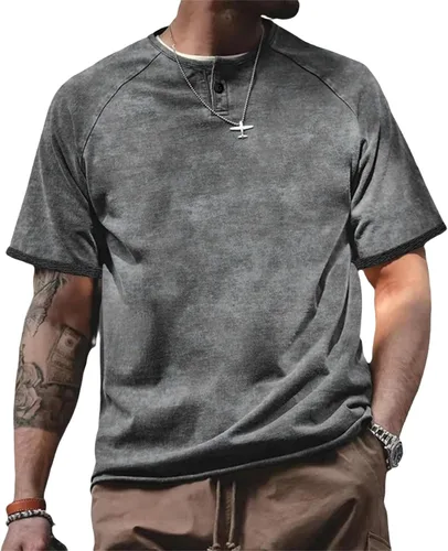 Vista 9 de Men's Oversized T-Shirts Acid Wash Short Sleeve Henley Shirt Regular Fit Raglan Sleeve Retro Distressed Athletic Tops