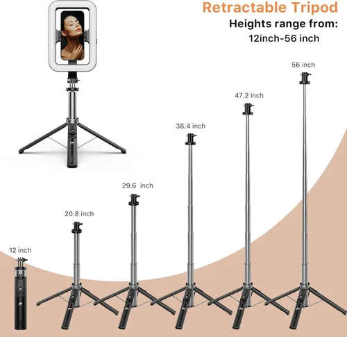 Vista 5 de M MYBAT PRO Luz selfie de 9 pulgadas para exteriores – Soporte de trípode extensible de 72 pulgadas con base de 4 patas, luces LED regulables
