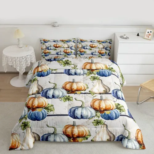 Vista 8 de Juego de edredón de calabaza de otoño, tamaño individual, juego de ropa de cama de hojas de arce para niños y niñas, cosecha de otoño, fruta