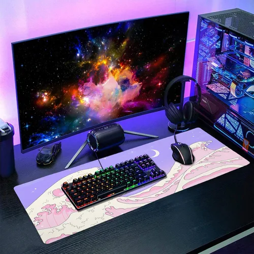 Vista 7 de Alfombrilla de mouse rosa y morada japonesa de anime Kawaii XL, linda estética de olas marinas, alfombrilla de escritorio grande extendida, base
