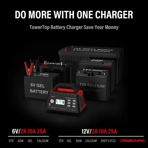 Vista 6 de TowerTop Cargador de batería de coche de 2/15/25 amperios, mantenedor de batería inteligente completamente automático de 6 V/12 V con arranque