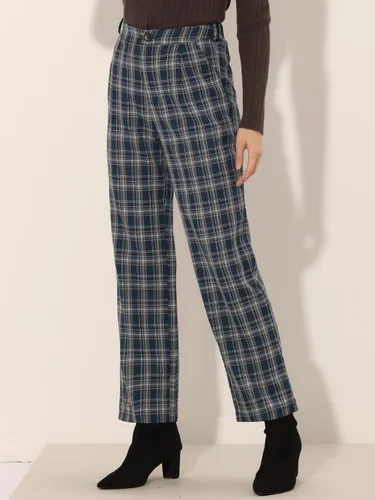 Vista 2 de Allegra K Pantalones a cuadros para mujer, cintura elástica, pantalones largos casuales para trabajo y oficina