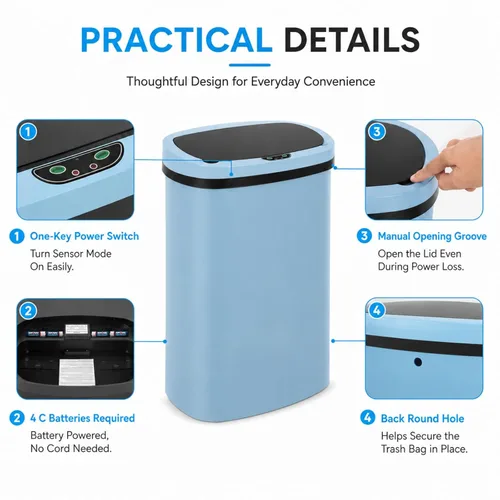 Vista 6 de Cubo de basura de cocina de 13 galones con tapa, cubo de basura automático sin contacto para cocina, cubo de basura de plástico PP con sensor de Azul