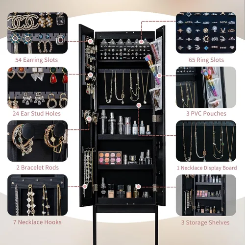 Vista 4 de LAVIEVERT Armario de joyería de 6 LED con marco de fotos, gabinete de almacenamiento de maquillaje de joyería independiente con espejo, organizador