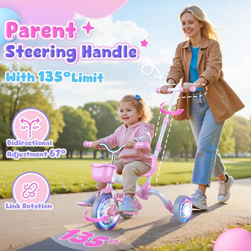 Vista 3 de Kkdi Bicicleta 5 en 1 para niños de 1 a 3 años, triciclo rosa con mango