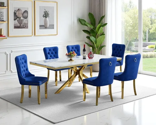 Vista 12 de Juego de mesa de comedor de mármol para 6, mesa de cocina rectangular de mármol blanco de 68 pulgadas con patas en X de acero inoxidable dorado