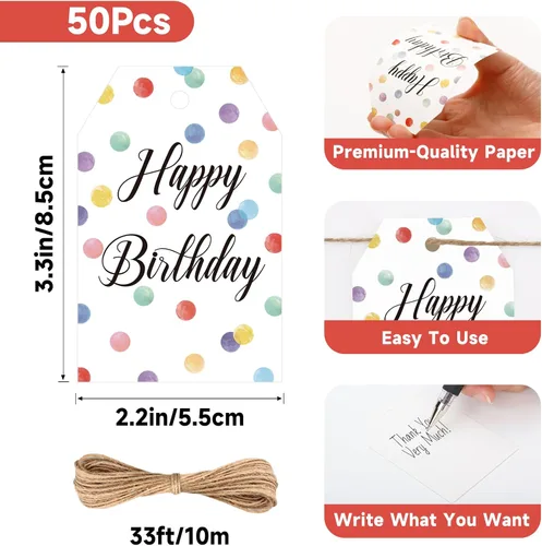Vista 3 de Etiquetas de regalo de cumpleaños Anwyll - 50 piezas con cuerda para regalos, recuerdos de fiesta, baby shower - Etiquetas de papel con puntos