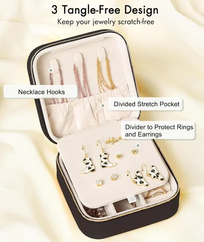 Vista 2 de Quatish Joyero de viaje, organizador de viaje de joyería, caja de joyería pequeña portátil para mujeres, mini estuche de joyería de terciopelo