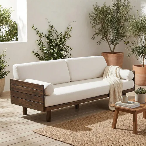 Vista 4 de Christopher Knight Home Sofá de patio de madera de acacia para exteriores, sofá de 3 asientos para exteriores con cojines y almohadas extraíbles