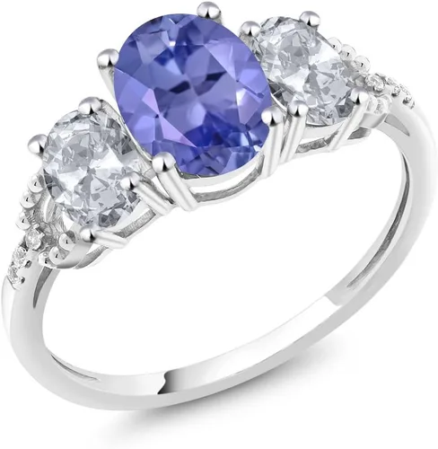 Vista 48 de Anillo de compromiso ovalado de oro blanco de 10 quilates con piedra natal y topacio blanco de 3 piedras con detalles de diamante Centro de 0.315